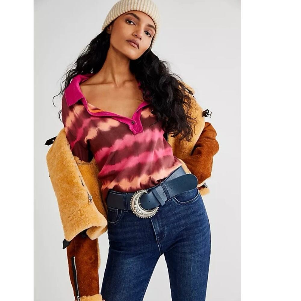 Free People Dreamy Tee Henley Tie Dye Printed Button Blouse Top Size Small